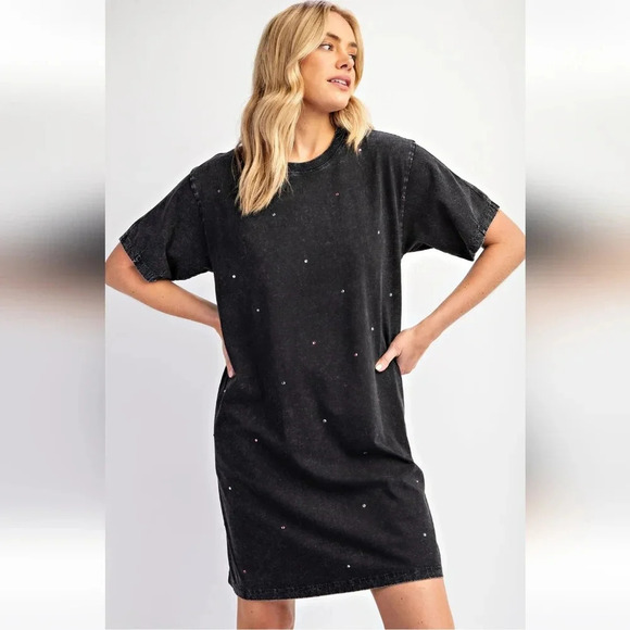 New Easel Black Rhinestone Mineral Washed T-shirt Tunic Shirt Dress - Picture 1 of 6